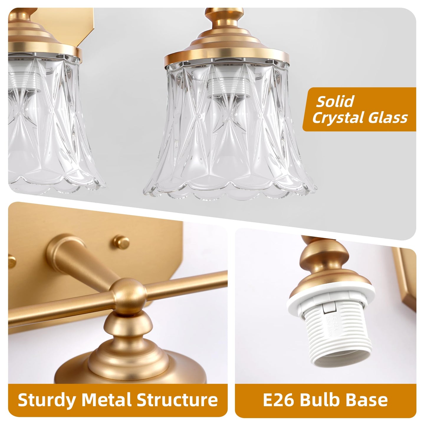 EvmVom Vintage Bathroom Vanity Light Fixtures, Gold 3-Light Vanity Light, Antique Bathroom Lighting Fixtures Over Mirror with Crystal Glass Shade, Vanity Lights for Bedroom Living Room Hallway