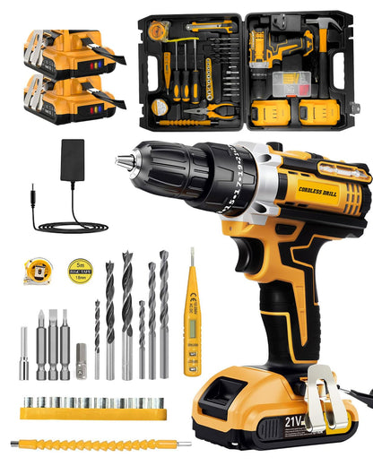 Maxesla 99PCS Cordless Drill Set 21V, 25+3 Torque Combi Drill with 2.0AH Battery, 42N.m Max Electric Screwdriver Kit, 2 Variable Speed, LED Work Light, Home and Garden DIY Project Kit