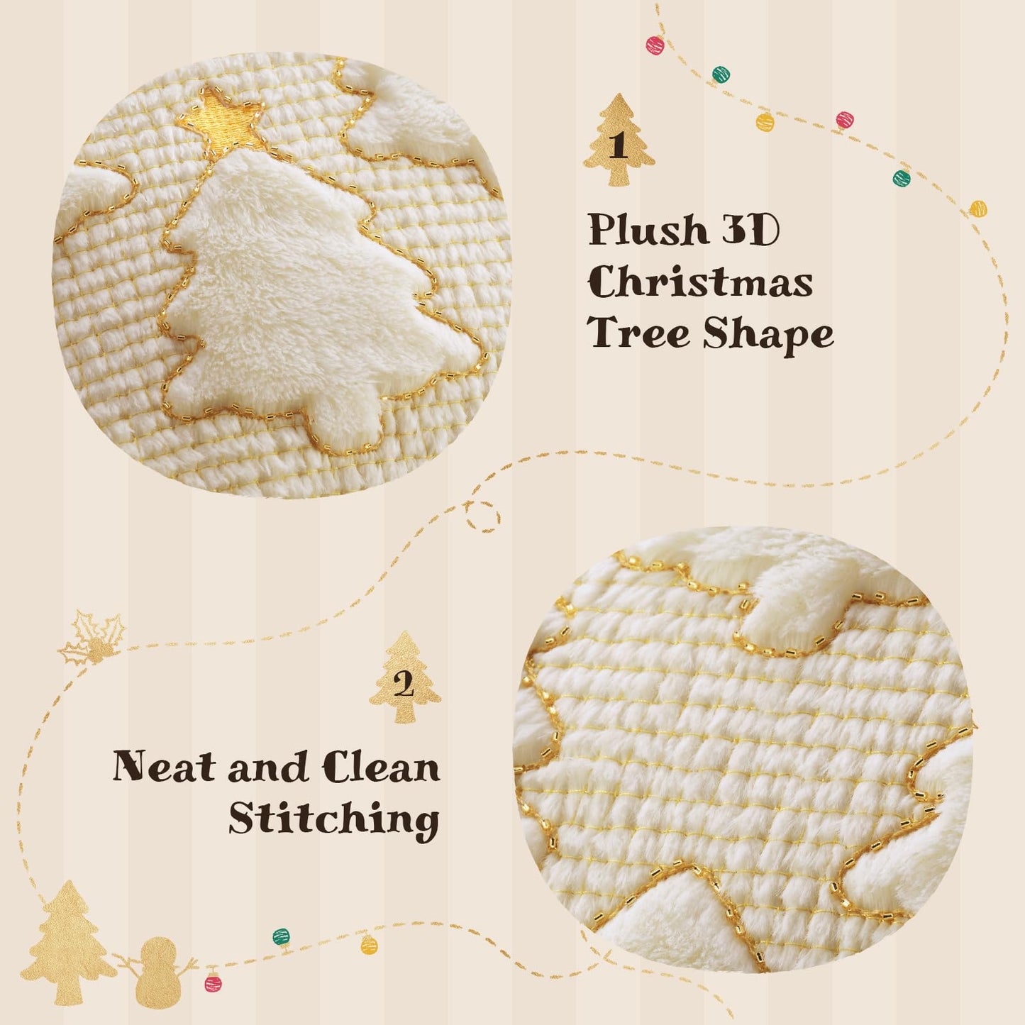 Ashler Christmas Tree Throw Pillow Covers, Plush 3D Pillow Covers, Beige, 18x18IN, Set of 2, Star Embroidered, Velvet Pillowcase with Contrast Piping, Festive Decor for Bedroom, Living Room