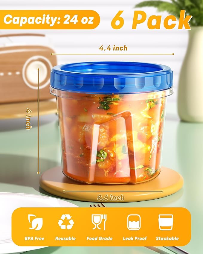 6 Pack-24 oz Freezer Storage Containers, Plastic Food Storage Containers