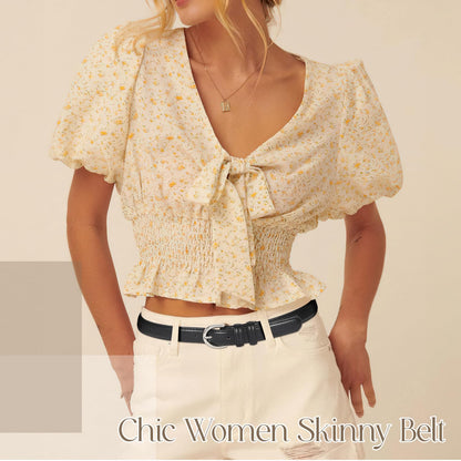 SANSTHS Women Leather Belt for Jeans Pants Fashion Ladies Skinny Belt for Dresses Thin Belt with Single Prong Buckle,Black,L