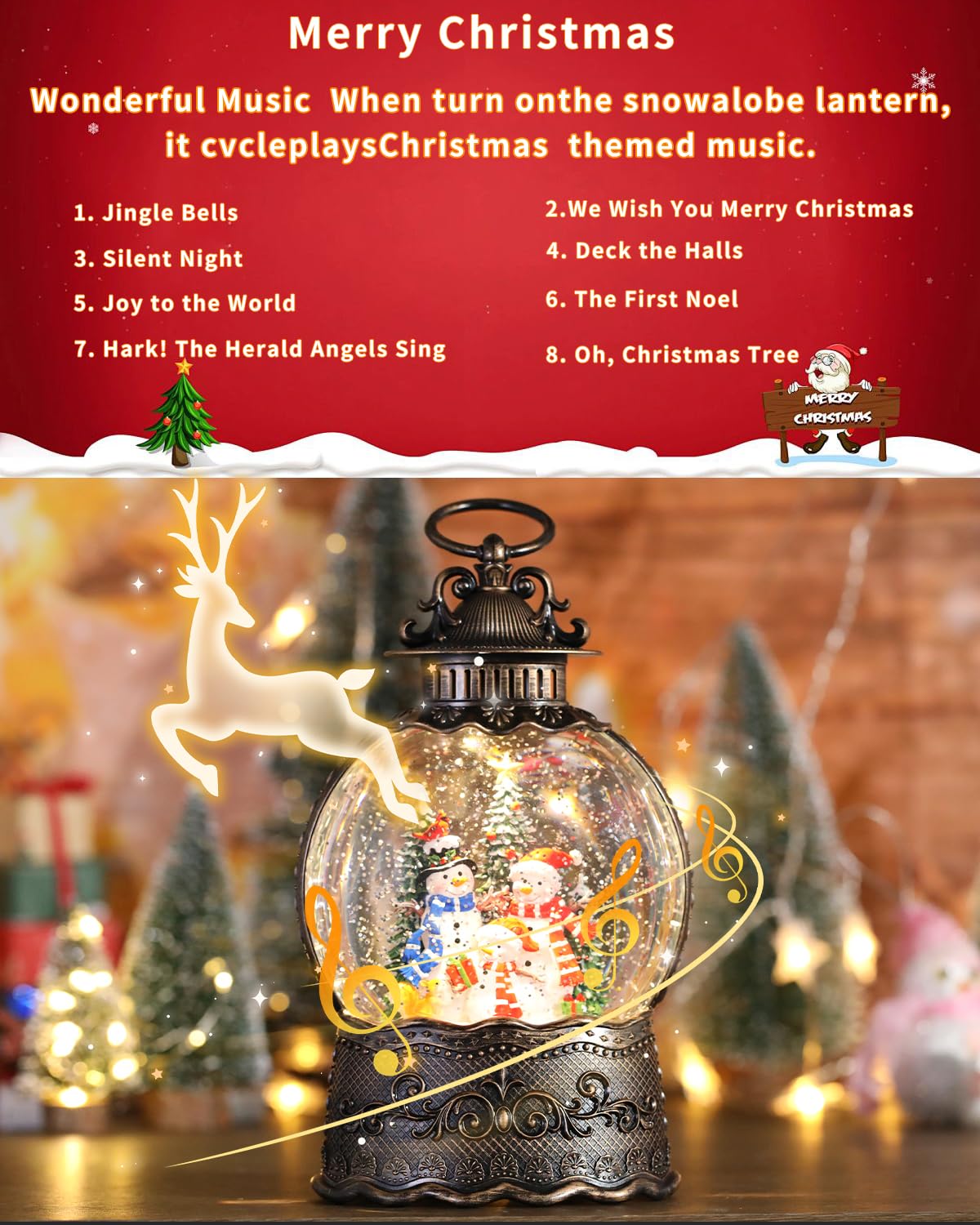 Frosty Snowman Cardinals Snow Globe Lantern for Christmas Decorations, Musical and Luminous,USB or Battery Operated