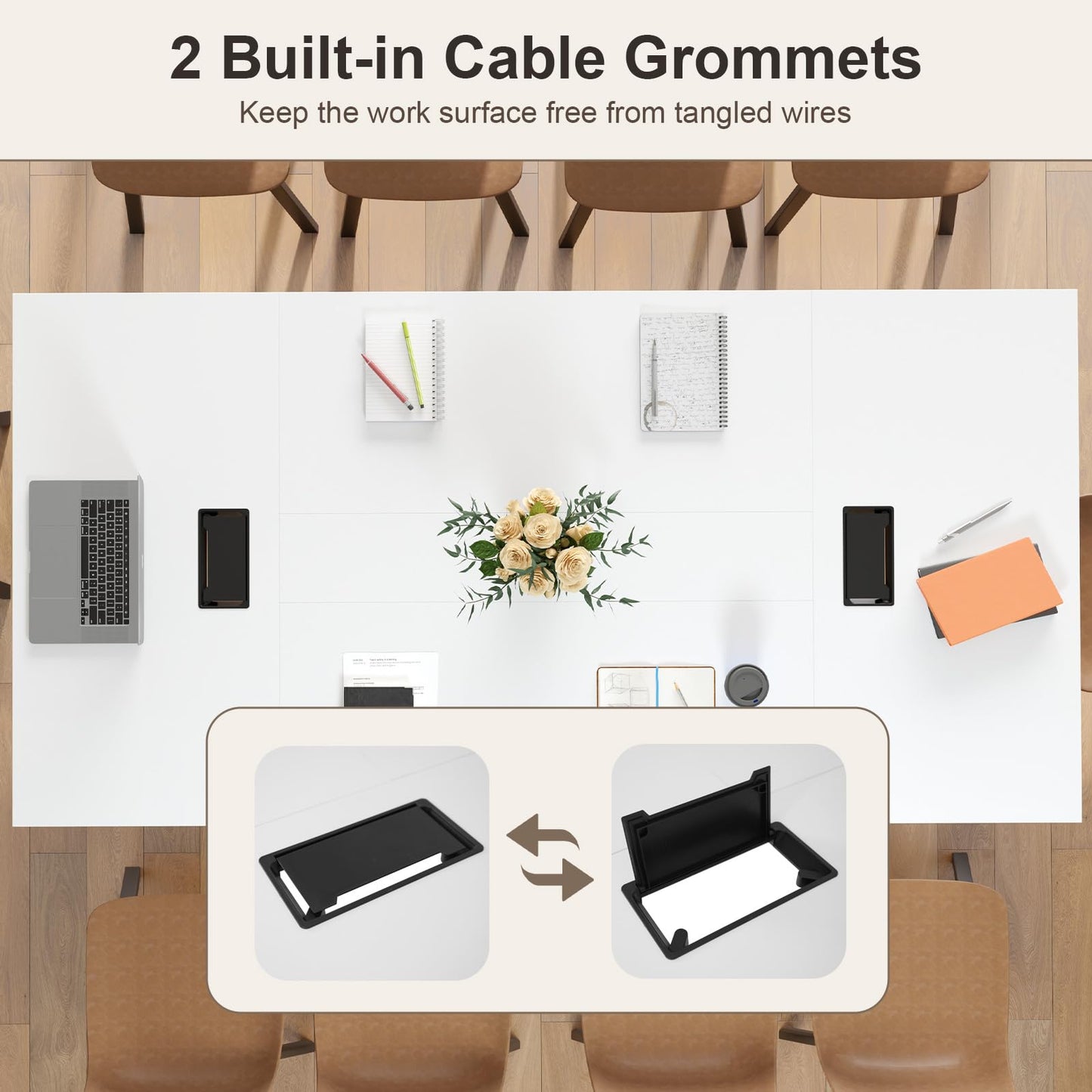 Nightcore Rectangle Conference Table for 10, 8 ft Large Seminar Table with 2 Cable Grommets, Modern Industrial Office Computer Desk with Metal Legs for Boardroom, Meeting Room, White