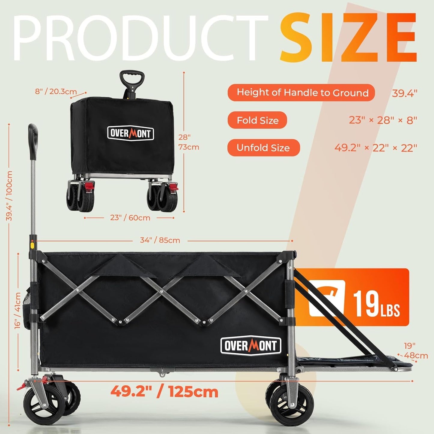 Overmont 300L Folding Festival Trolley Cart - All-terrain Extra Wide Wheels and Brake - Heavy Duty Cart Load up 150KG - with Adjustable Handle & Cover Bag - Wagon for Beach Camping Garden, Black