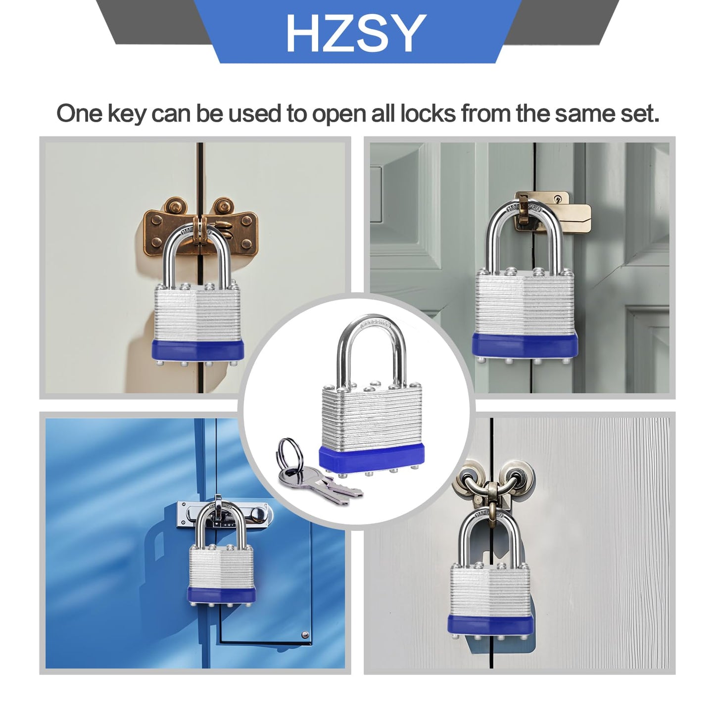 HZSY Padlocks Keyed Alike, Pack of 6, Laminated Steel Keyed Lock (1-9/16", 40mm), Padlocks with Same Key, Normal Shackle, for Toolbox, Locker & StorageUnit or More