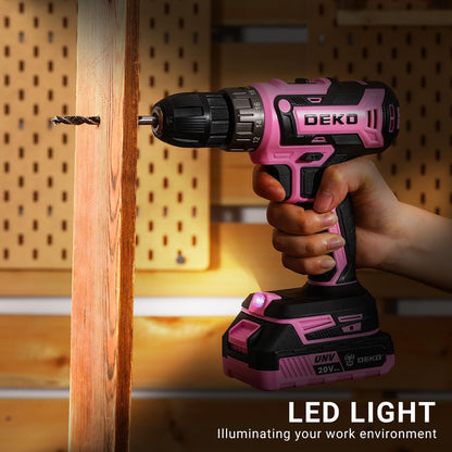 Power Drill Cordless: DEKOPRO Pink Cordless Drill 20V Electric Power Set Tool for Women Drills with Battery and Charger Drills Driver Kit