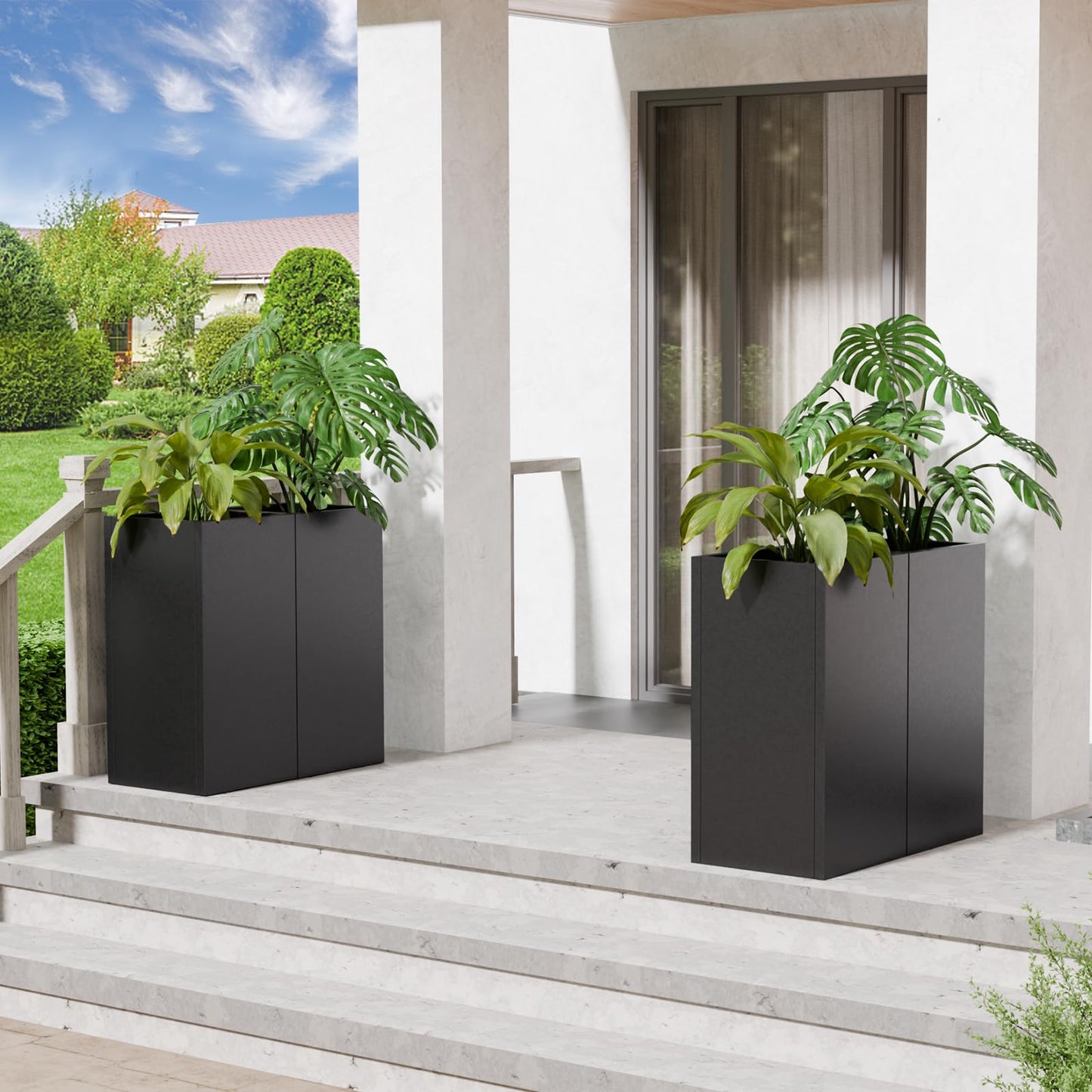 Diyfire Tall Metal Planters Box for Outdoor Plants 2 Pack- 23.6" Modern Steel Tall Square Planter with Removable Insert Shelf, Heavy Duty Pedestal Planter Front Porch Decor Patio Garden, Black