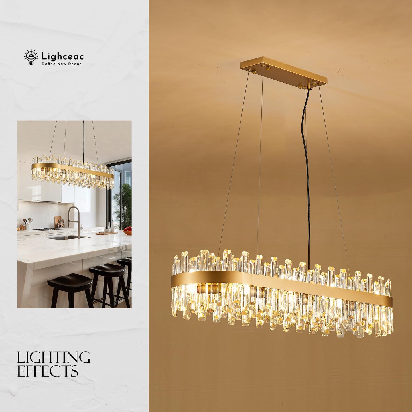 lighceac 39" Modern Gold Rectangle Crystal Chandelier Light Fixtures for Kitchen Island Luxury Linear Crystal Chandeliers for Dining Room 16-Light Long Hanging Pendant Lighting for Entryway Foyer Bar