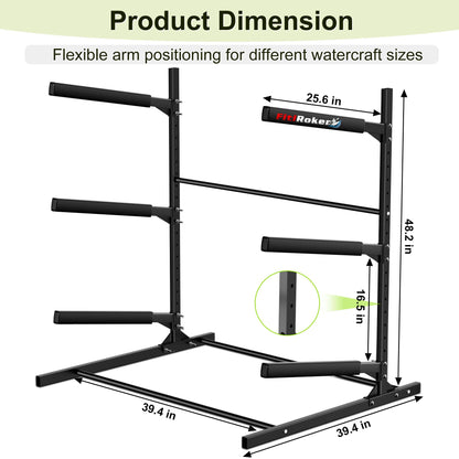 FitiRoker 3-Tier Freestanding Kayak Storage Rack, Steel Storage Stand with Adjustable Padded Arms for Kayaks, Canoes, Surfboards and Paddleboards, Indoor Outdoor Garage Organizer