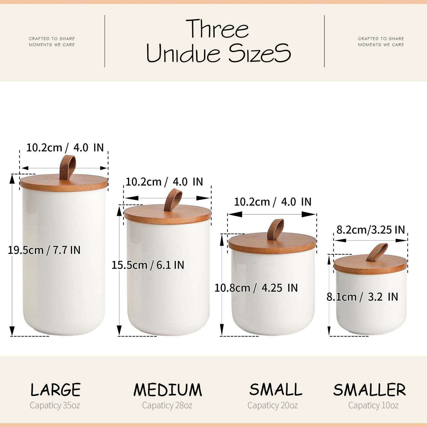 CoorFormer White Ceramic Canister Set with Bamboo Lids, 4-Piece Airtight Food Storage Jars for Kitchen – Flour, Sugar, Coffee, Tea, Spice – Smaller, Small, Medium, Large Sizes
