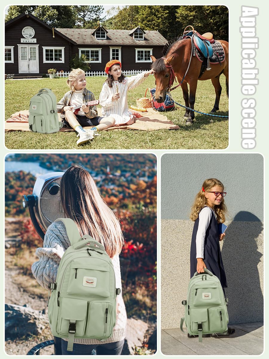 FIORETTO Lightweight School Backpack Womens, Cute School Bag for Teenager Girls, 14 Inch Laptop Rucksack Casual Daypack Backpack for Travel College Work Green
