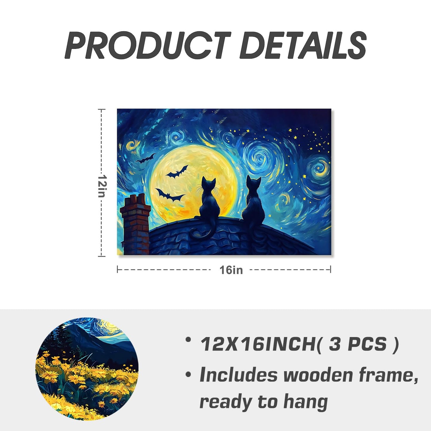 EEYNAQQ Starry Night Black Cat Wall Art, Van Gogh Style Halloween Canvas Painting, Moon Bat Rooftop Cat Wall Decor for Living Room Bedroom Children's Room, 12x16 Inches Ready to Hang