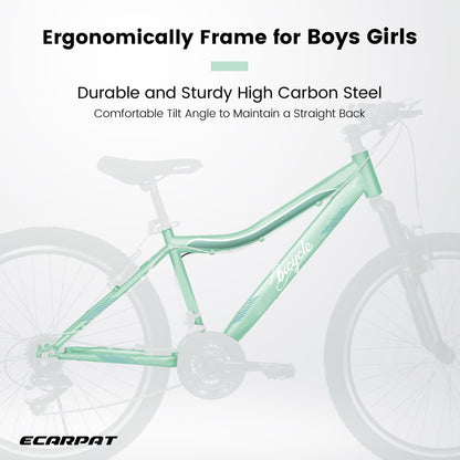 HIWORK Mountain Bike 24 Inch, High Density Carbon Steel Frame Girls Bike with 21-Speed Front Suspension Dual V-Brakes, Bike for Teenagers Girls Womens Bicycle | Light Green