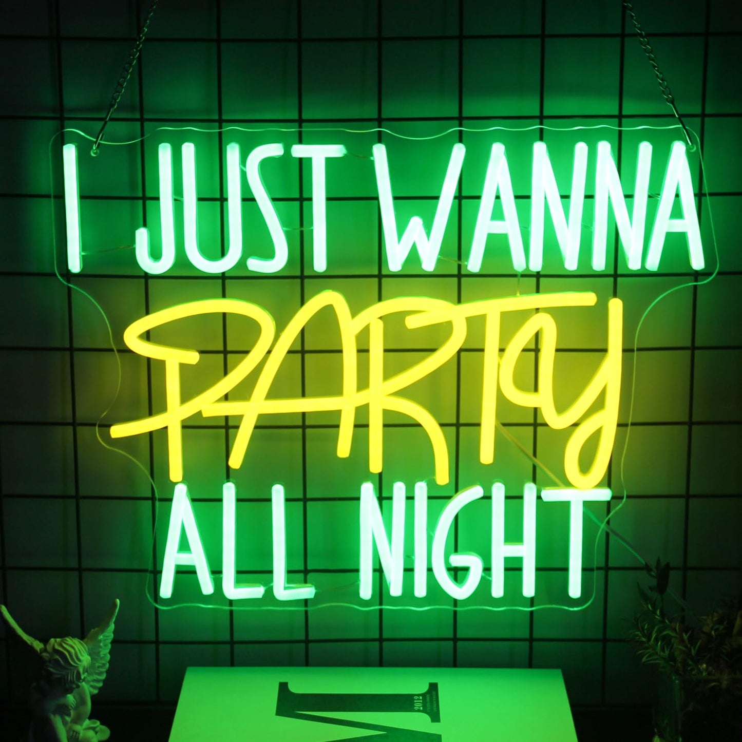 I Just Wanna Party All Night Neon Sign Green Yellow Letter Neon Light Prom Night LED Signs for Wall Dimmable Party Neon Lights Signs for Ball Prom Birthday Bar Decor USB Powered