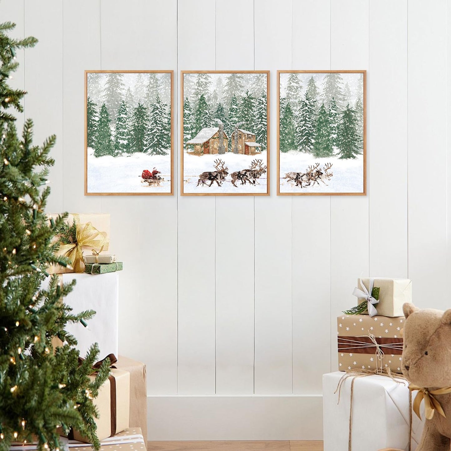 CHDITB Santa Claus Reindeer Sleigh Framed Canvas Wall Art(12"x16"), 3 Panels Christmas Winter Holiday Artwork Prints, Large Rustic Xmas Gift Snow Scene Forest Landscape Decor for Home Office Bedroom