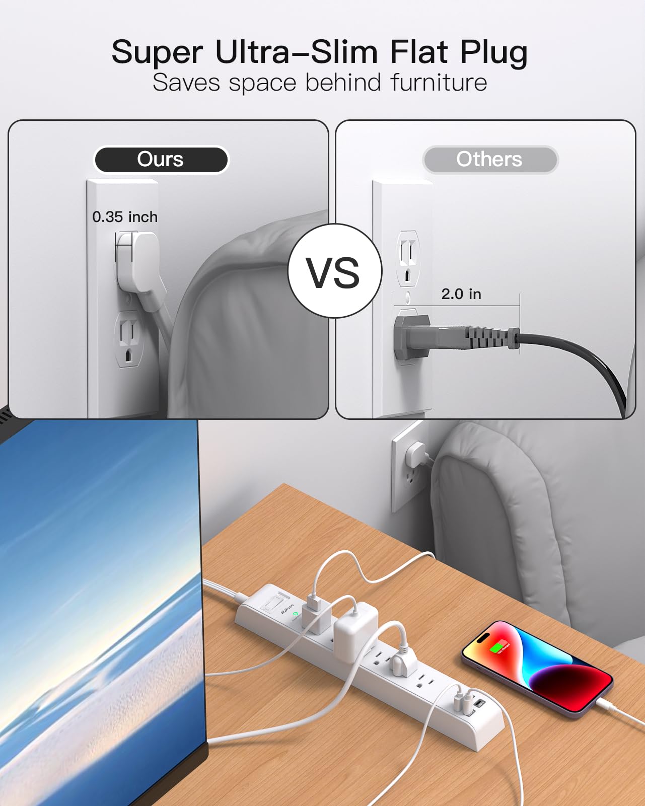 2 Pack Power Strip, 12FT Long Extension Cord, Surge Protector with 6 Outlets and 4 USB Ports (2 USB C), Flat Plug Overload Protection, Extension Cord 10+ ft, Wall Mount for Home Office Dorm College