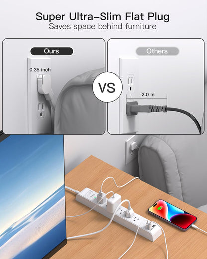 2 Pack Power Strip, 12FT Long Extension Cord, Surge Protector with 6 Outlets and 4 USB Ports (2 USB C), Flat Plug Overload Protection, Extension Cord 10+ ft, Wall Mount for Home Office Dorm College