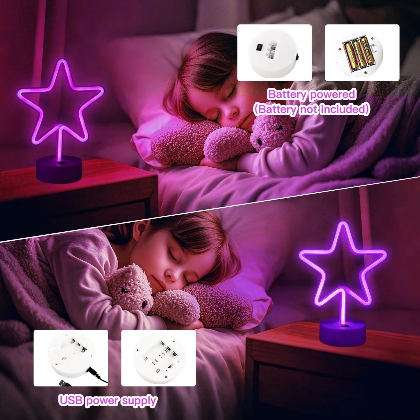 TT·SSTIE Star Neon Sign LED Star Lights for Wall Decor Battery Powered or USB Neon Star Light with Base Neon Sign for Bedroom Party Bar Gift Birthday Decoration Pink & Purple-2PCS