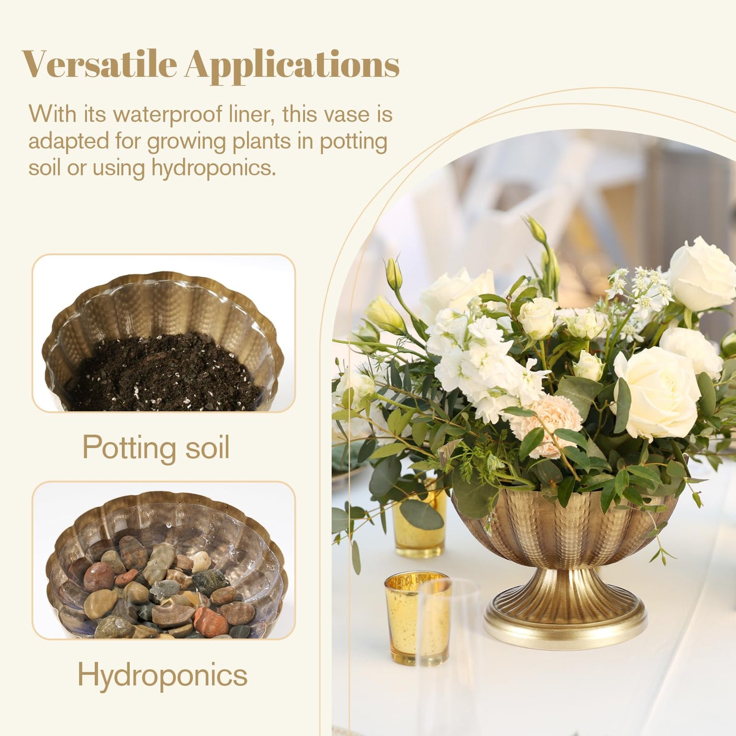 4 Pack Distressed Gold Compote Vases, 9"×6.5" Antique Pedestal Bowl with Waterproof Liner