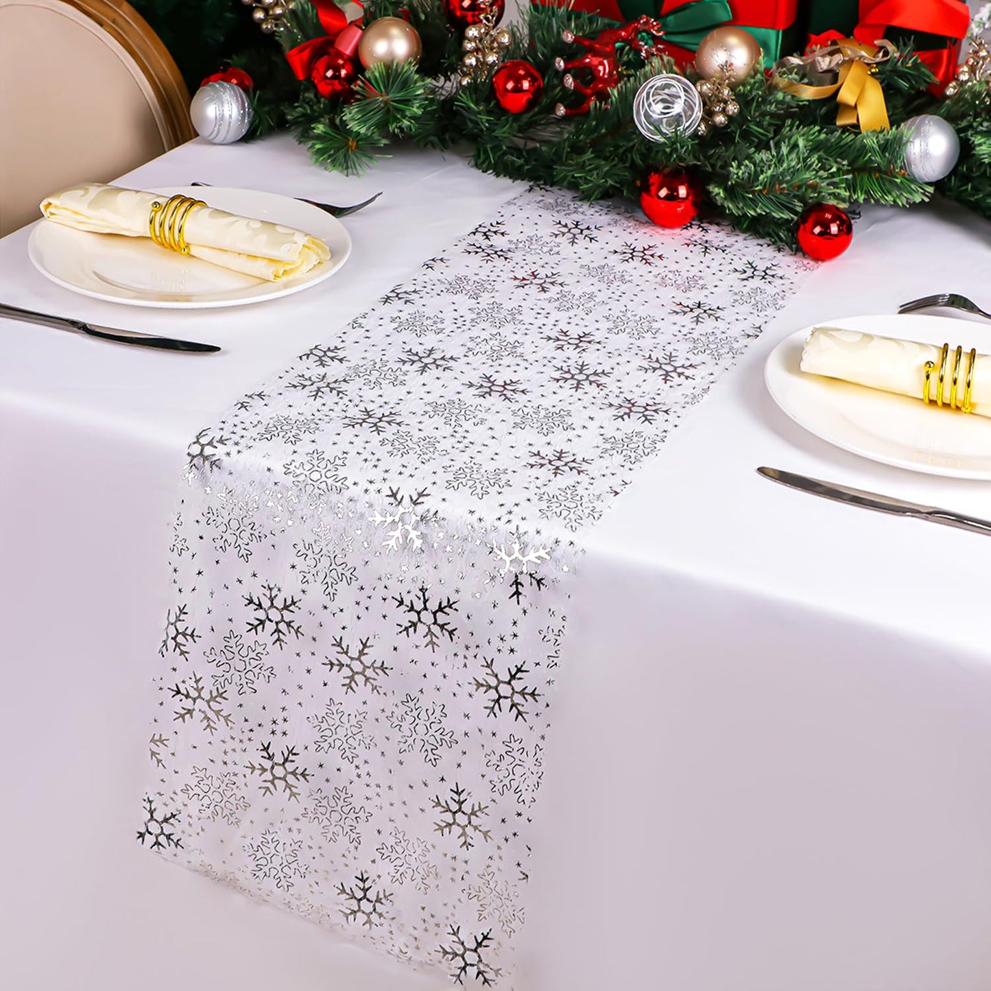 Snowkingdom 2 Pcs Christmas Snowflake Silver Table Runner 108 Inch Sparkly Silver Glitter Metallic Runners Decorations for Seasonal Winter Festival Holiday Home Party