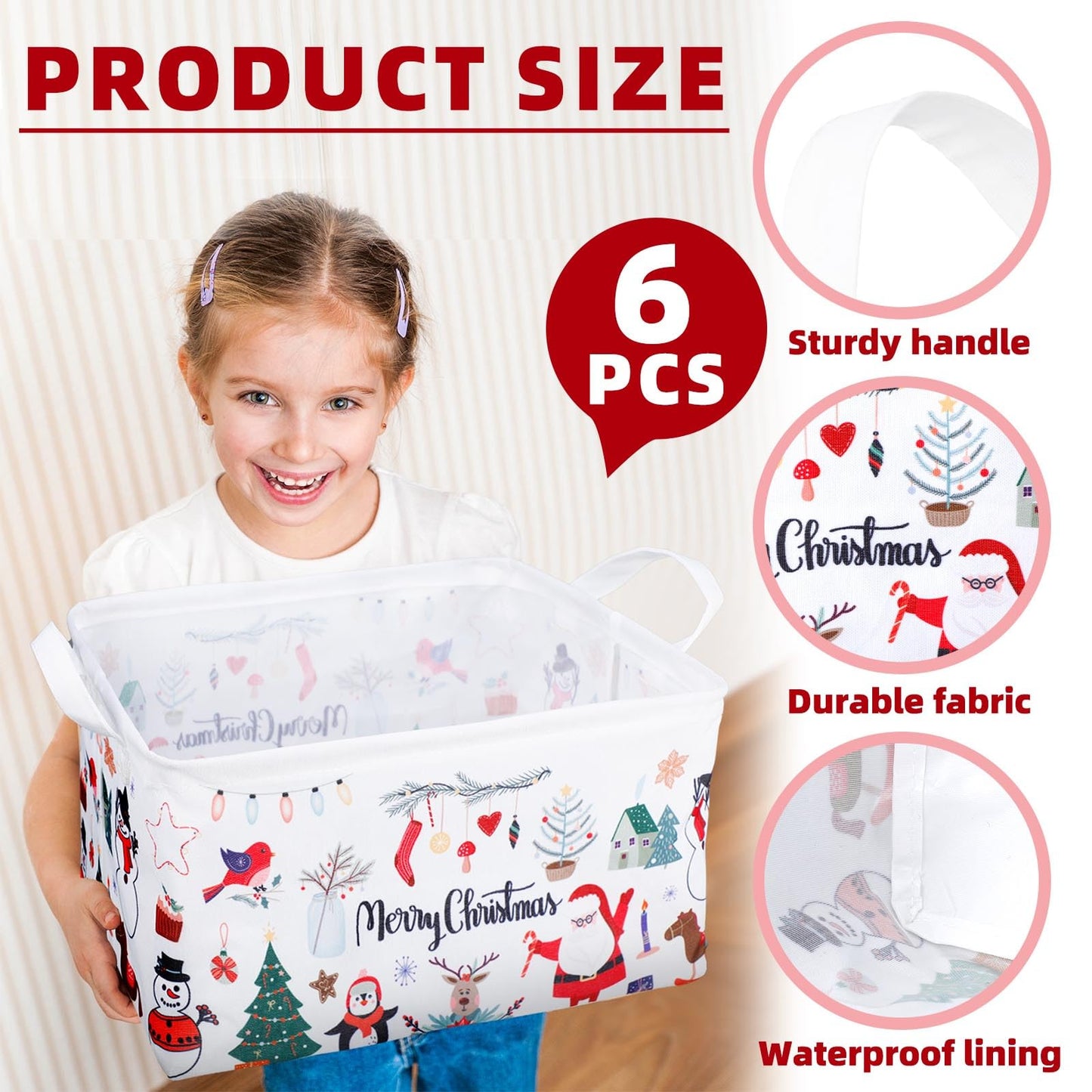 Maxcheck 6 Pcs Large Christmas Basket for Gifts Empty Foldable Xmas Gift Basket Rectangle Christmas Santa Present Storage Bin Fabric Cubes Containers Boxes with Handles for Present Cloth Toy