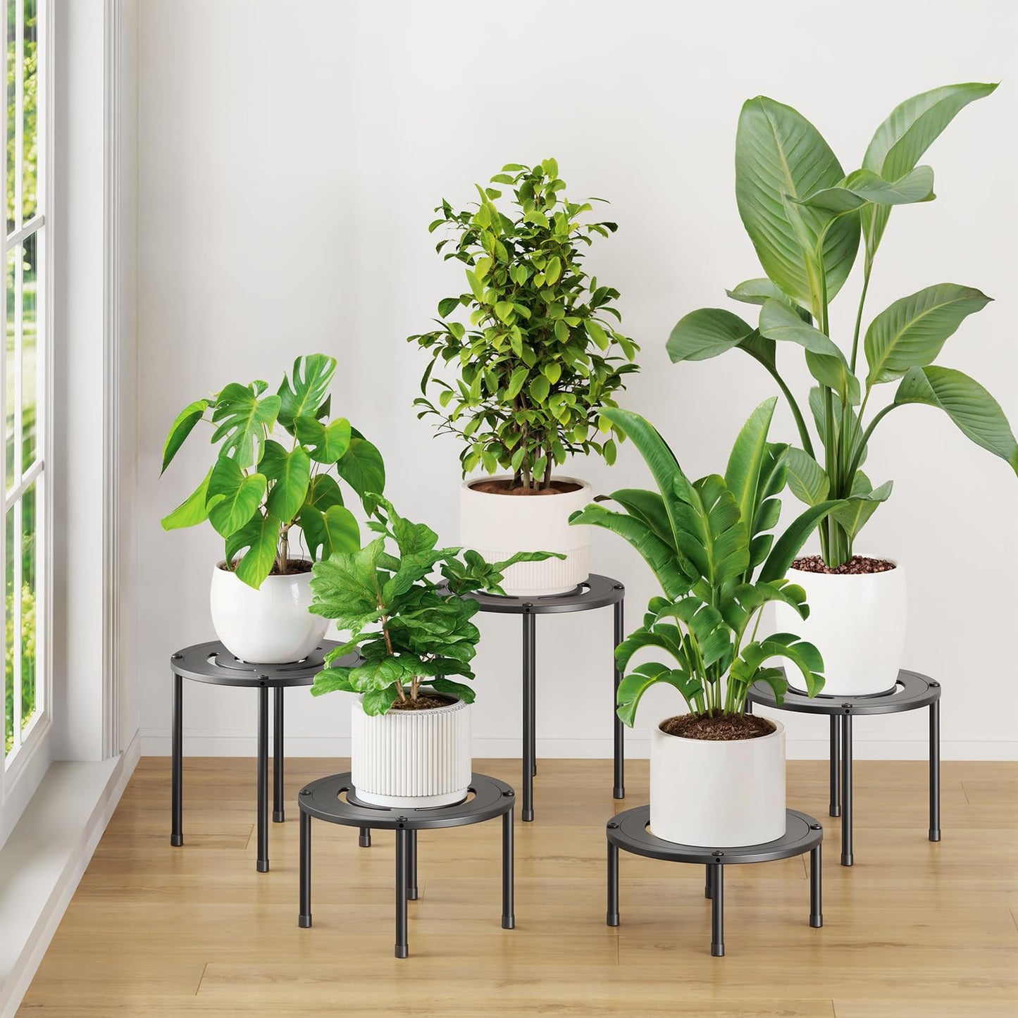 iDavosic.ly 5-Pack Metal Plant Stands for Indoor Outdoor, 10 Inch Small Flower Pot Holder, Anti-Rust Heavy Duty Iron Planter Stool, Sturdy Round Plant Risers for Home Garden Patio, Modern Black