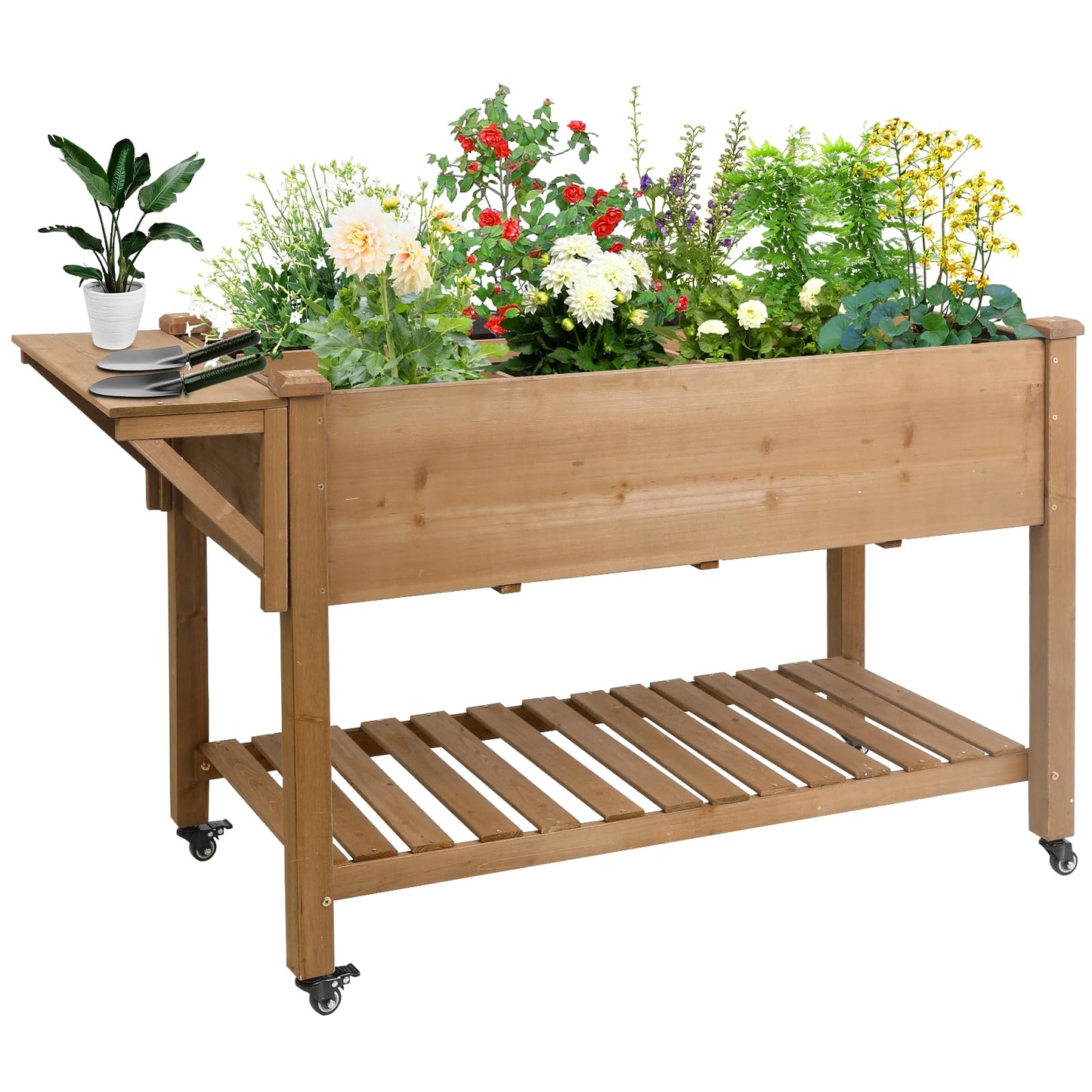 Gowoodhut Raised Garden Bed with Wheels, Wood Elevated Garden Box with W-Connection Tabs，for Vegetable, Flower, Herb, Large Storage Shelf, Easy to Assemble, 55.5x24x32in