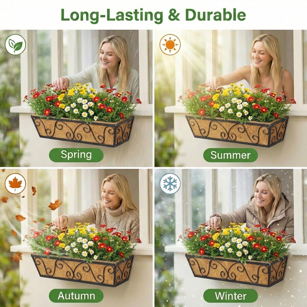 Y&M 24 Inch Window Deck with Coco Liner, Fence Metal Hanging Flower Planter Window Basket Deck Railing Planter Boxes for Outdoor Garden Lawn-Butterfly,2pcs