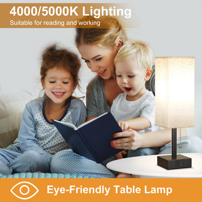 Aooshine Bedside Lamps, Table Lamp with USB C+A Charging Ports, Small Lamp with 3-Color Modes with Pull Chain, Bedroom Lamps with Beige White Fabric Shade(LED Bulb Included)