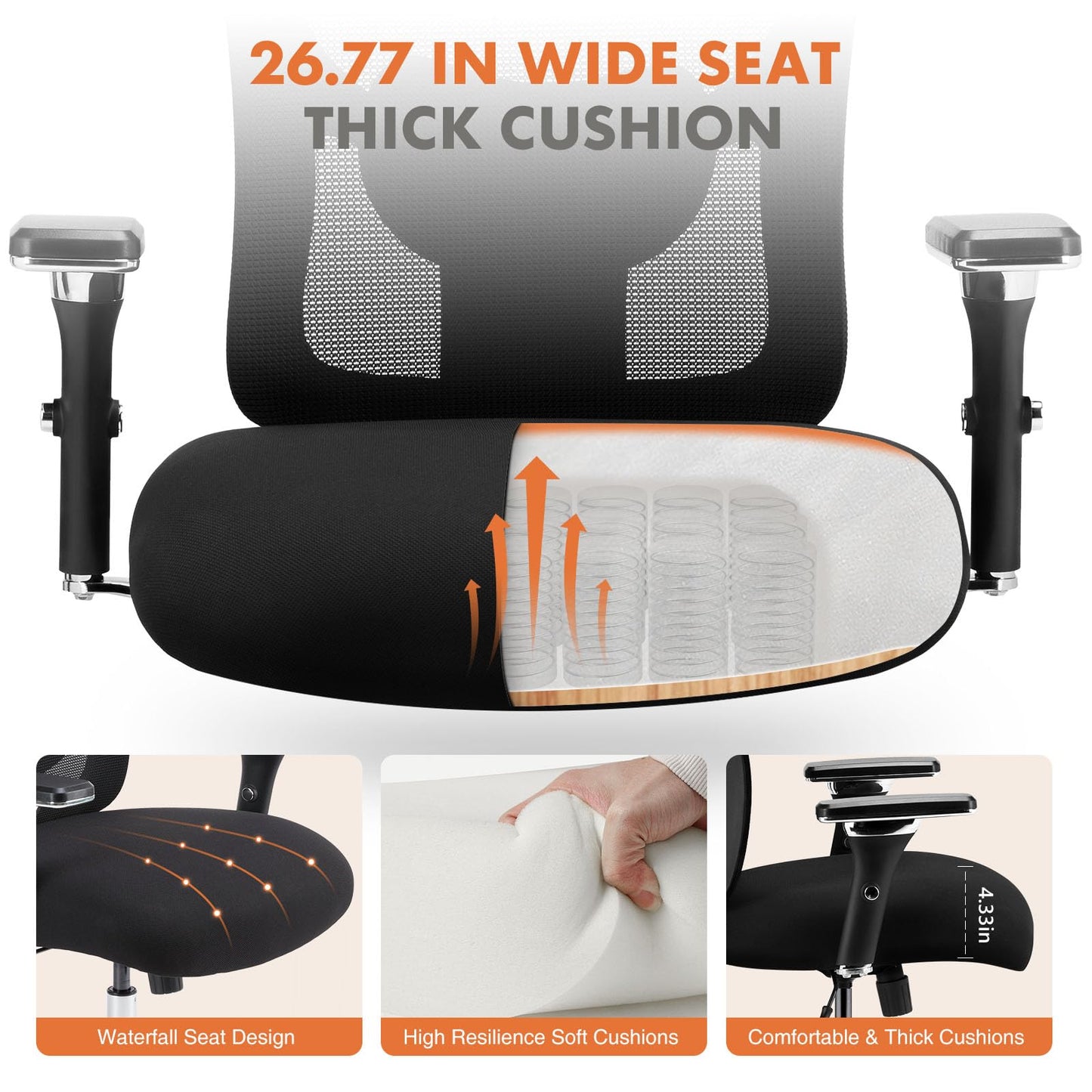 Sweetcrispy Ergonomic 500lbs Wide Heavy Duty Big and Tall Home Office Chair with Adjustable Lumbar Support and Wheels, 3D Armrest, for Adults