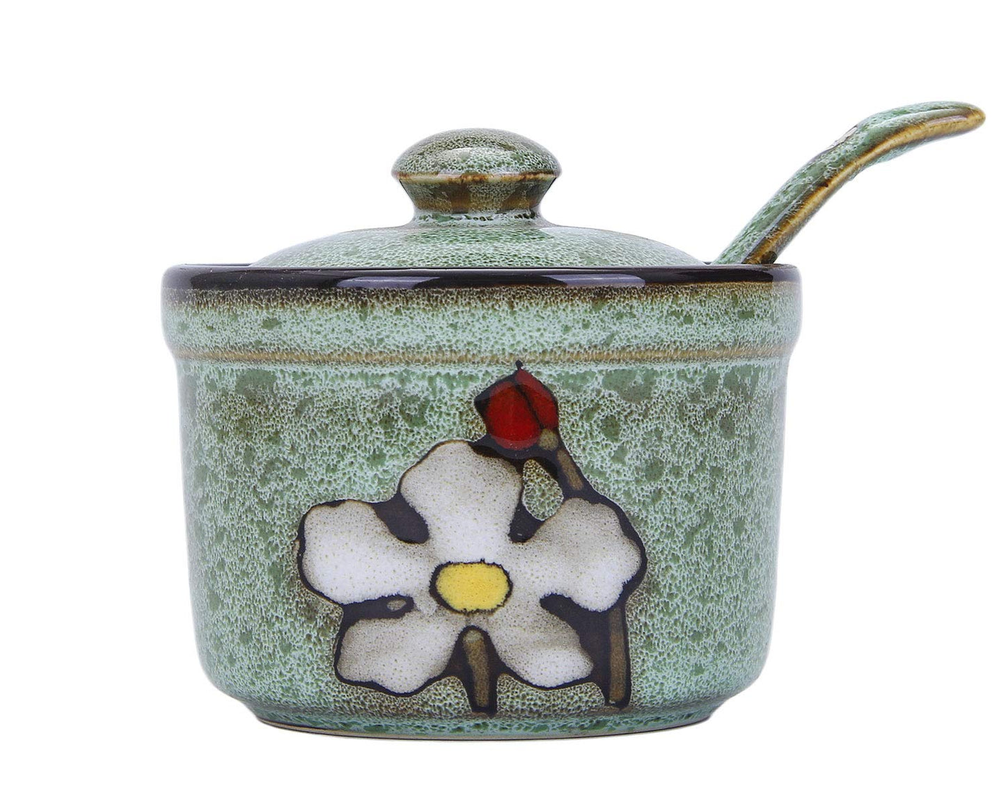 VanEnjoy Retro Hand Painted Flower Ceramic Round Sugar Bowls Spice Containers Porcelain Jar with Spoon Round Condiment