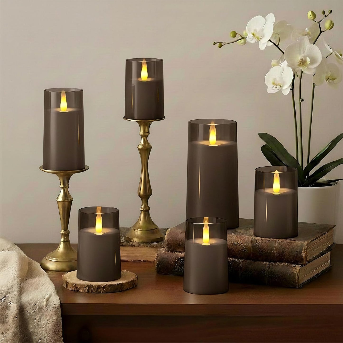 Raycare Christmas Flameless Electronic Pillar Candles with Remote Control and Timer- Battery Operated Realistic Flickering LED Fake Candle for Home, Wedding Decor,Grey,Set of 2(3"x6"6")