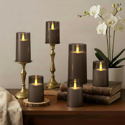 Raycare Christmas Flameless Electronic Pillar Candles with Remote Control and Timer- Battery Operated Realistic Flickering LED Fake Candle for Home, Wedding Decor,Grey,Set of 2(3"x6"6")