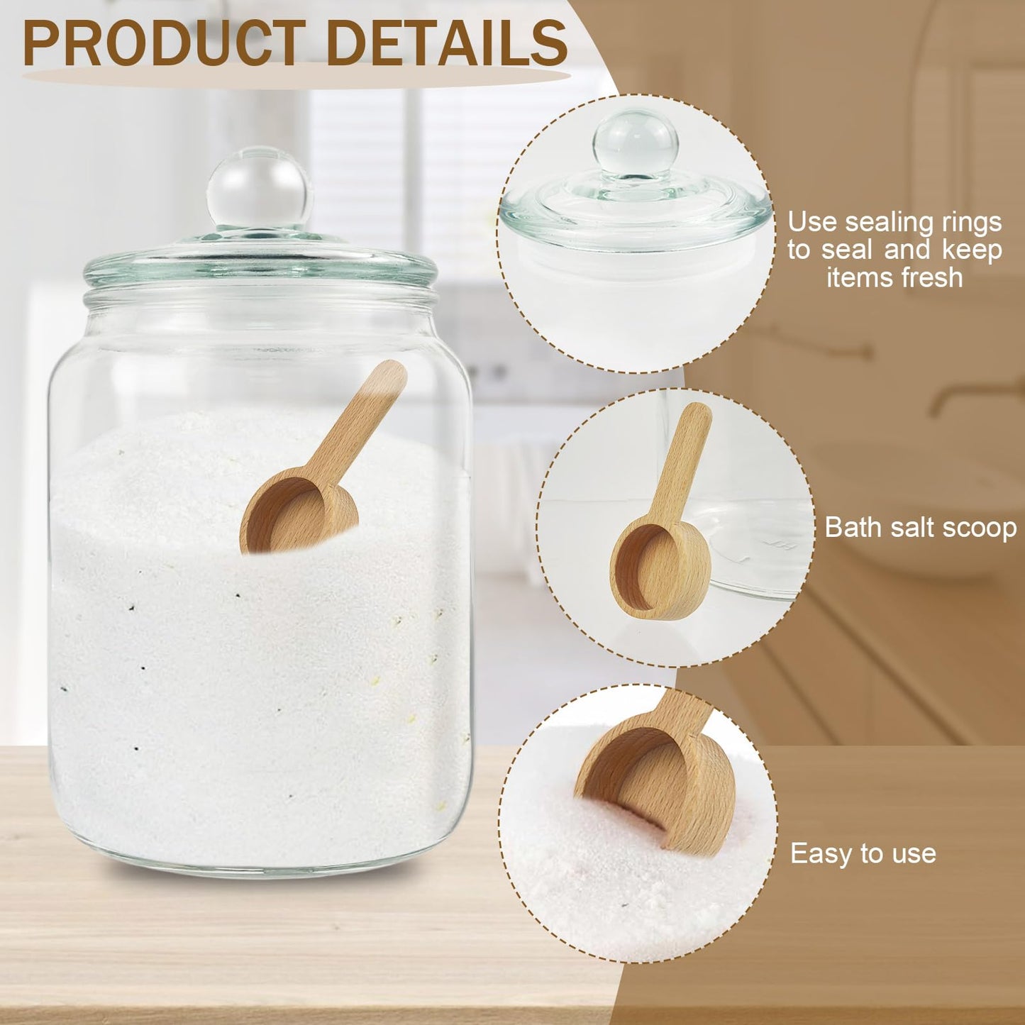 Global BathGlow 70 oz Bath Salt Set - Glass Jar with 2 Wooden Scoop & Airtight Lids, 2 Large Storage Canisters for Salt, Candy, Tea, Bath Decor