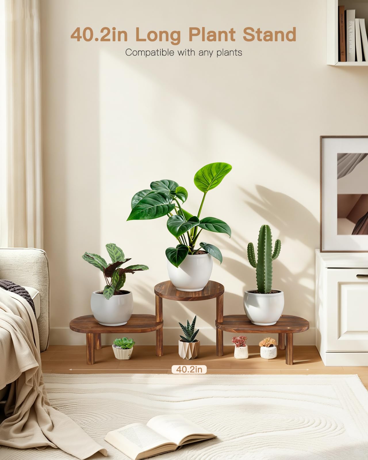 Jotboom 3 Tier Corner Plant Stand Indoor - Adjustable Wood Convex Flower Stand for Small Spaces, Heavy Duty Long Plant Shelf for Living Room Balcony Hallway