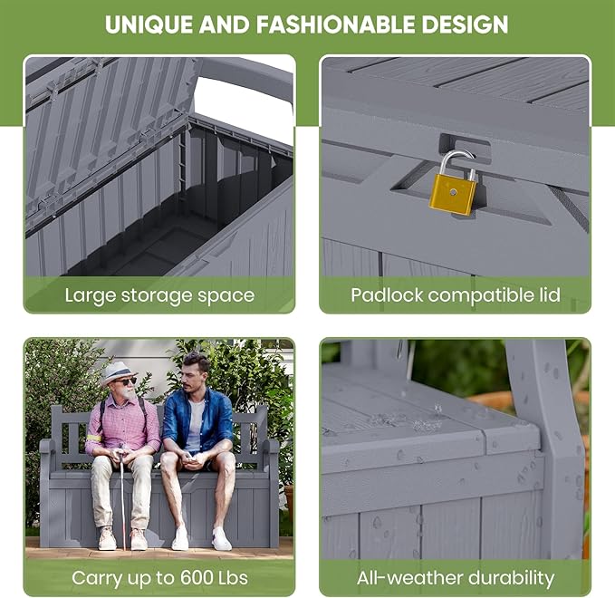 Patiowell 75 Gallon Plastic Storage Bench, Water-Resistant Deck Box for Patio Furniture, Garden Tools, Pool Storage and Outdoor Cushions, Grey