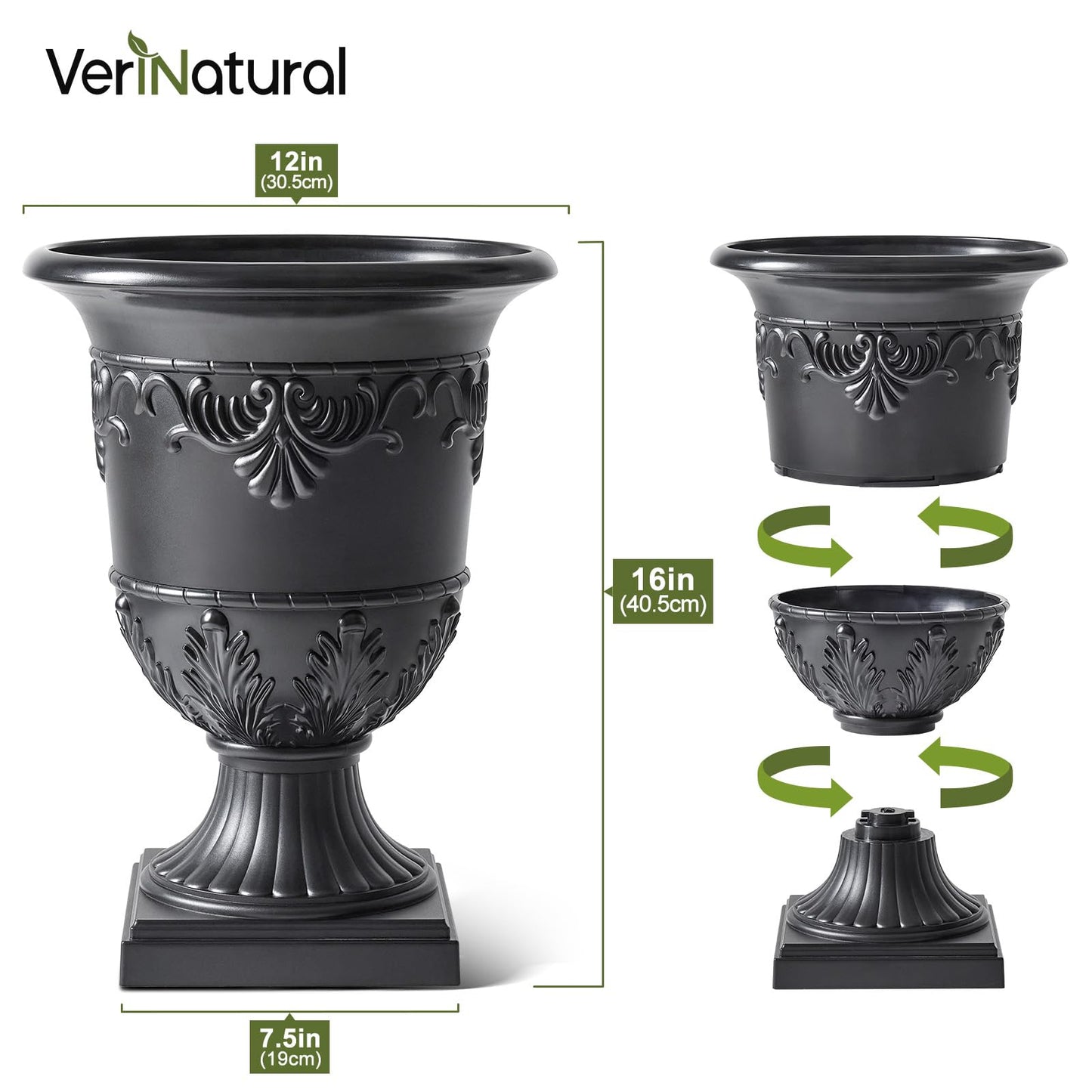 VeriNatural Classic Traditional Plastic Urn Planter, 15"x13" Flower Pots for Indoor Outdoor,Plant Pots for Porch Decor,Set of 2