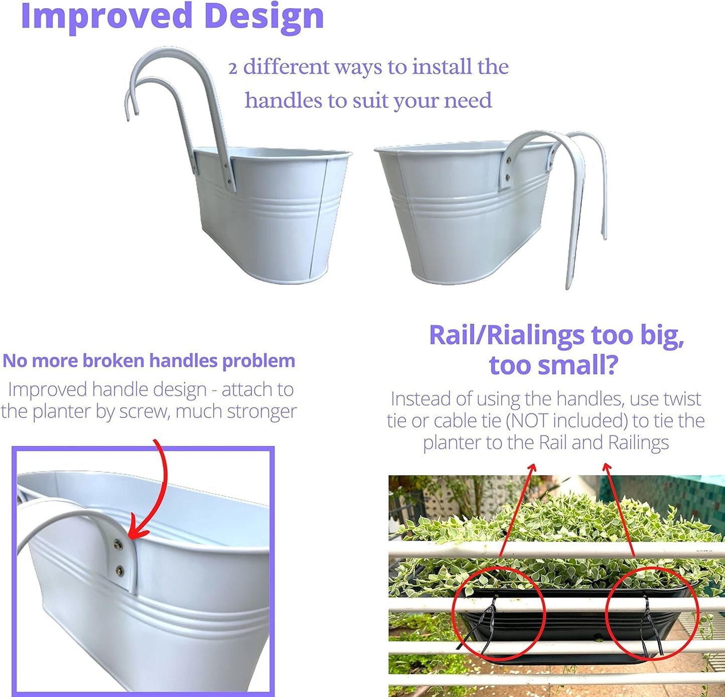 Maxona Metal Iron Hanging Flower Pots, 10 Pack, 11.8 Inch Oval White Railing Fence Hanging Bucket Pots Countryside Style Window Flower Plant Holder with Detachable Hooks Home Décor