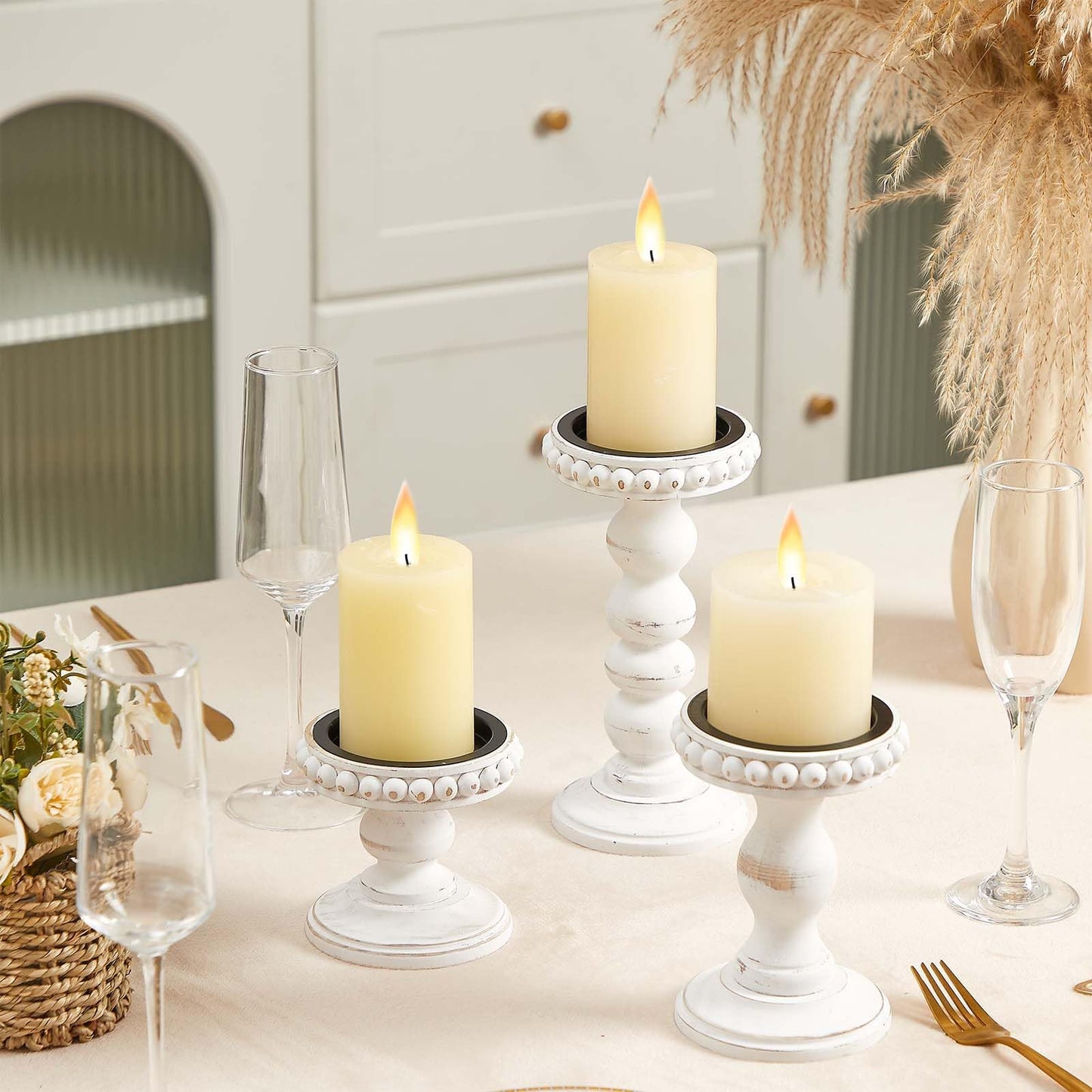 Mumufy 3 Pcs Candle Holders for Pillar Candles Rustic Farmhouse Home Decor Decorative Washed Beaded White Black Wood Candle Holder Country Style for Table Mantel Fireplace Wedding (White,Small)