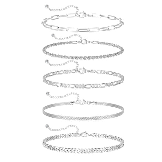 DEARMAY Silver Plated Chain Bracelets for Women Trendy Silver Jewelry Set Cuban Link Bracelets Figaro Paperclip Rope Herringbone Bracelet Pack Gifts