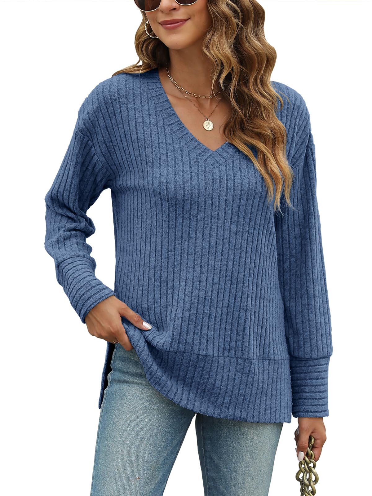 JomeDesign Womens Sweaters Long Sleeve V Neck Shirts Loose Casual Fashion Tops