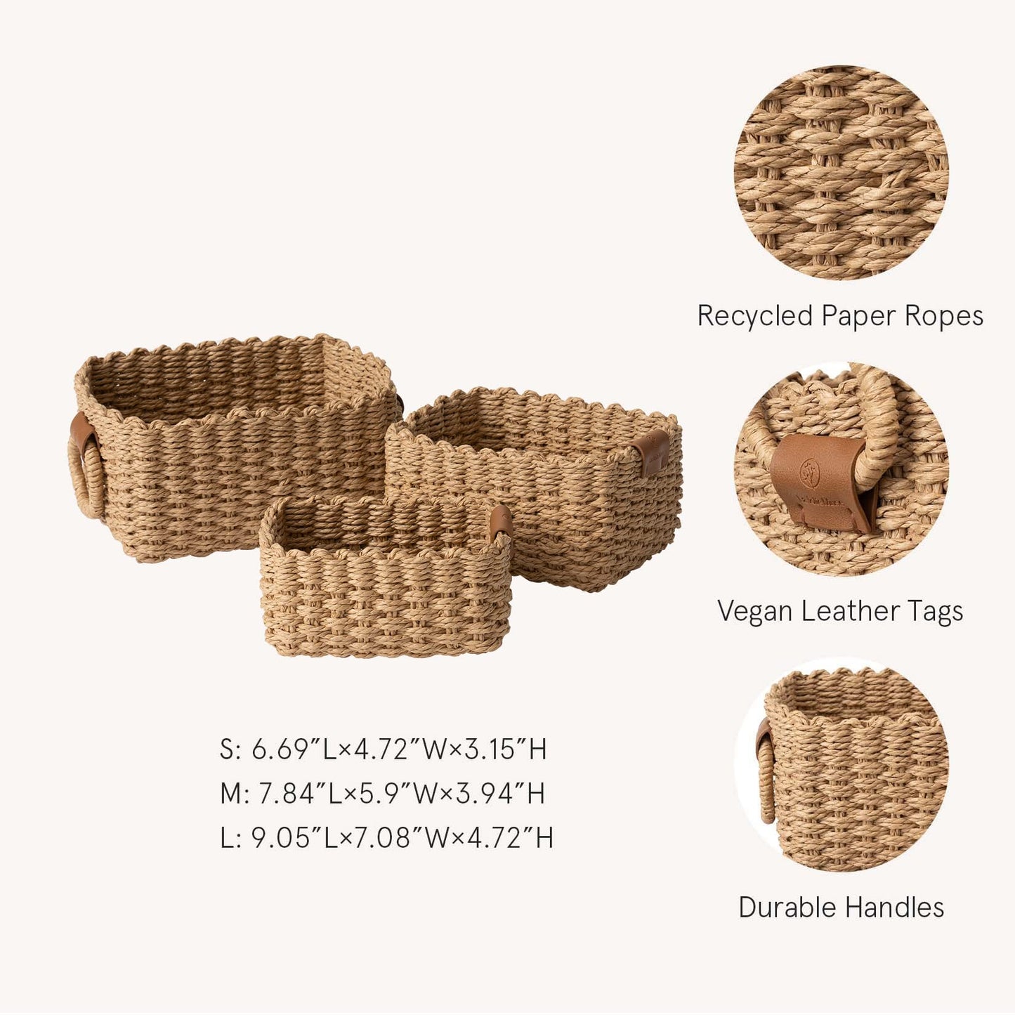 La Jolíe Muse Woven Wicker Storage Baskets, Paper Rope Storage Boxes Bin Organizer Divider for Cupboards Drawer Closet Shelf Dresser, Set of 3 (Desert)