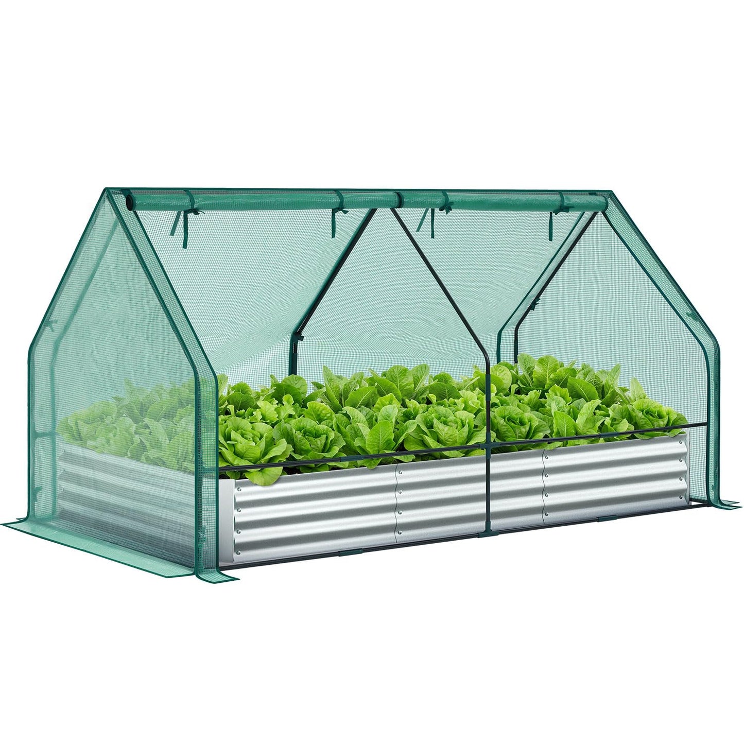 Ohuhu Raised Garden Bed with Greenhouse Cover, 8x4x1 FT Galvanized Metal Planter Box Outdoor with PE Cover, 4 Doors for Ventilation, 3-in-1 Gardening Set for Vegetable Flower Herb Succulent