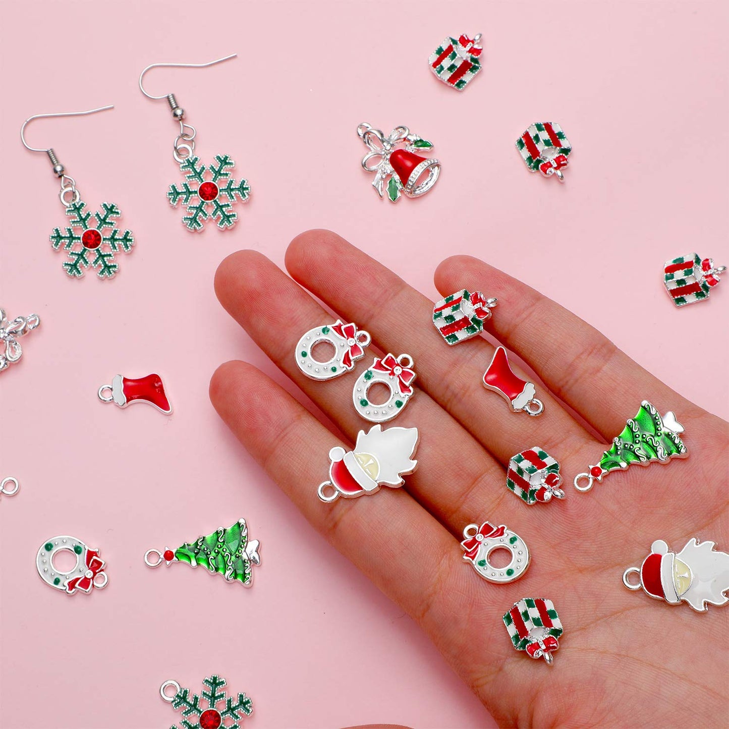 Hicarer 56 Pieces Christmas Charms Pendants Christmas Tree Snowflake Bell Garland Santa Sock Gift Box Pendants for Necklace Bracelet Keychain Jewelry Making DIY Crafts