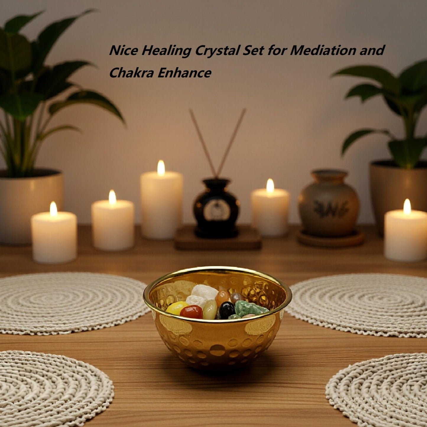 Healing Crystal and Stones Set， Golden Zen Bowl, Premium Crystal Display Gift Kit, Natural Raw Crystal and Tumbled Chakra Stones, Decorative Crystal Storage Holder