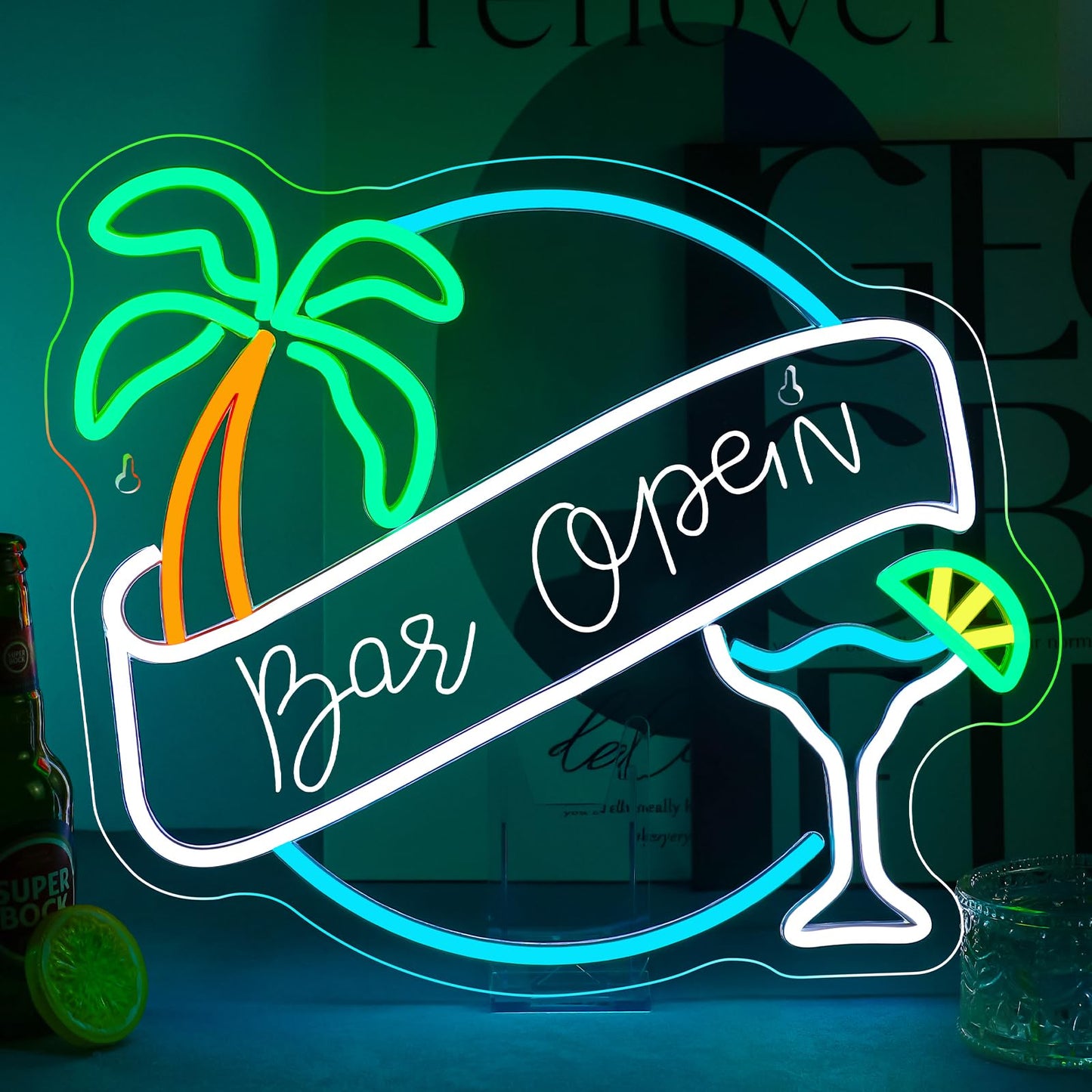 WX&YH Bar Open Neon Sign Cocktail Coconut Tree Led Light Open Signs for Business Bar Decorations for Home Pub Party Club Beer Bar Lights Man Cave Coffee Stores Restaurant Palm Decor Gifts
