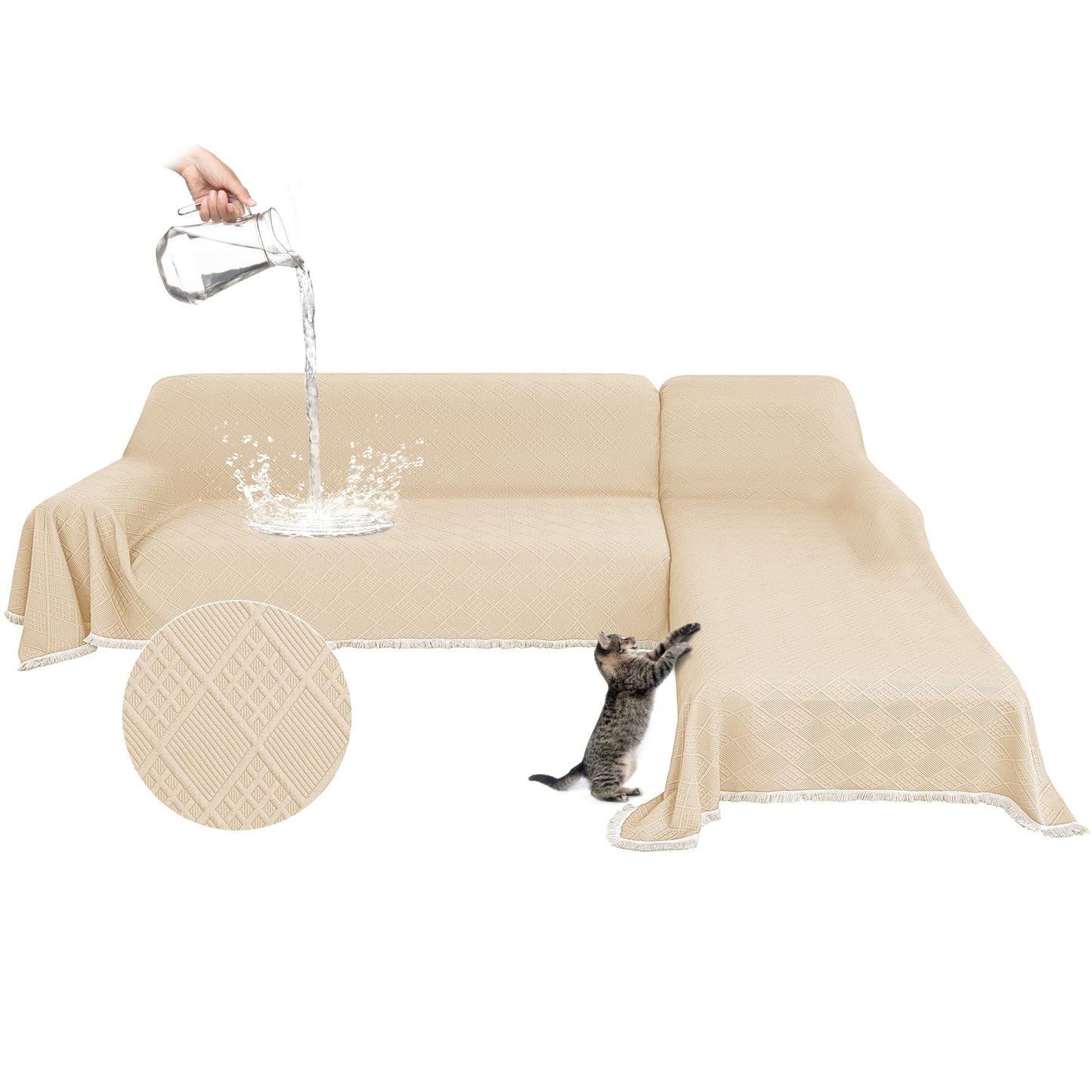HYZOTEX Waterproof L Shaped Sectional Couch Covers Blanket 2 Piece Sectional Sofa Cover Washable L Shape Sofa Slipcover Jacquard Quilted Furniture Protector for Dogs Pets Cats (XX-Large, Light Beige)