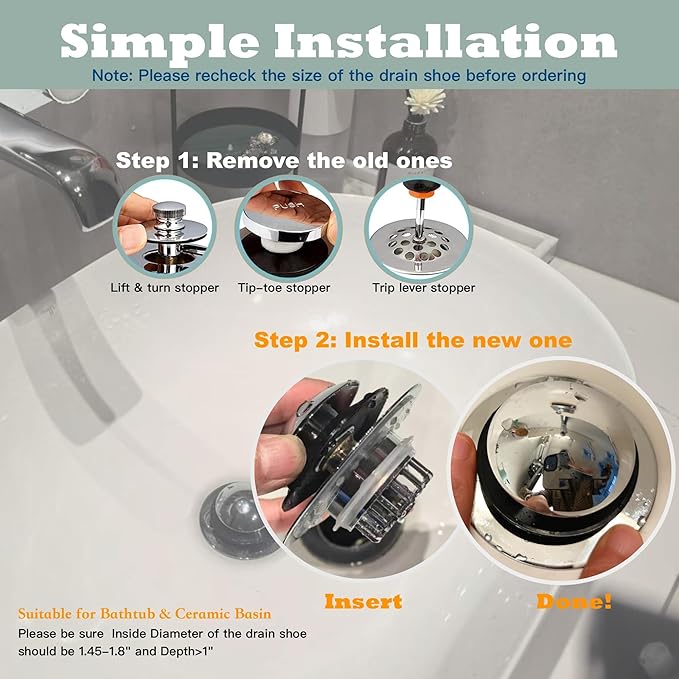 Kitchen Sink Drain Strainer 3 in 1, 304 Stainless Steel Pop Up Sink Stopper