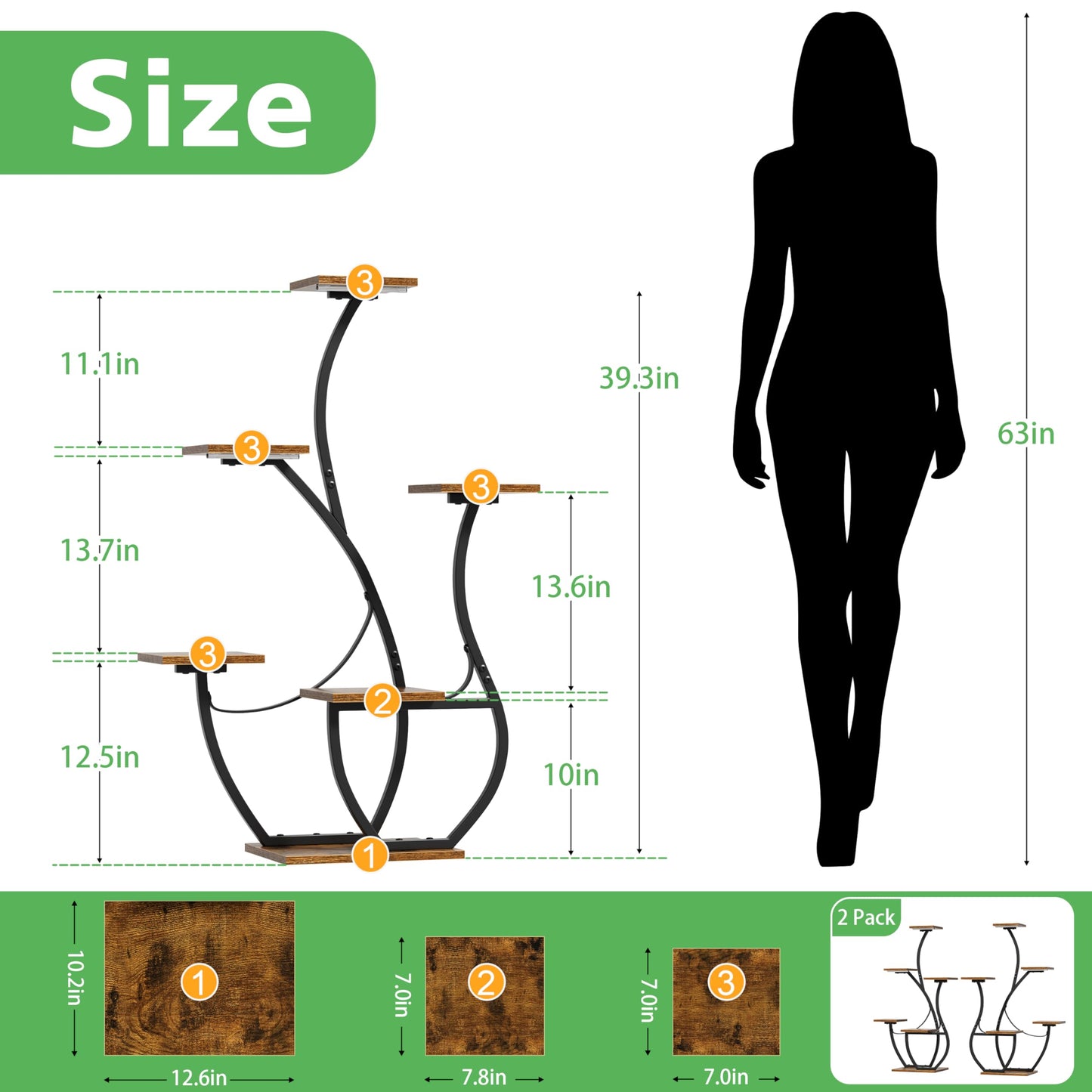 CODACE Plant Stand Indoor with Grow Lights - 2 PCS Indoor Plant Shelf, 6 Tiered Corner Plant Stands for Indoor Plants, Swan-Shaped Plant Holder, Metal Flower Display Rack for Living Room (Black)