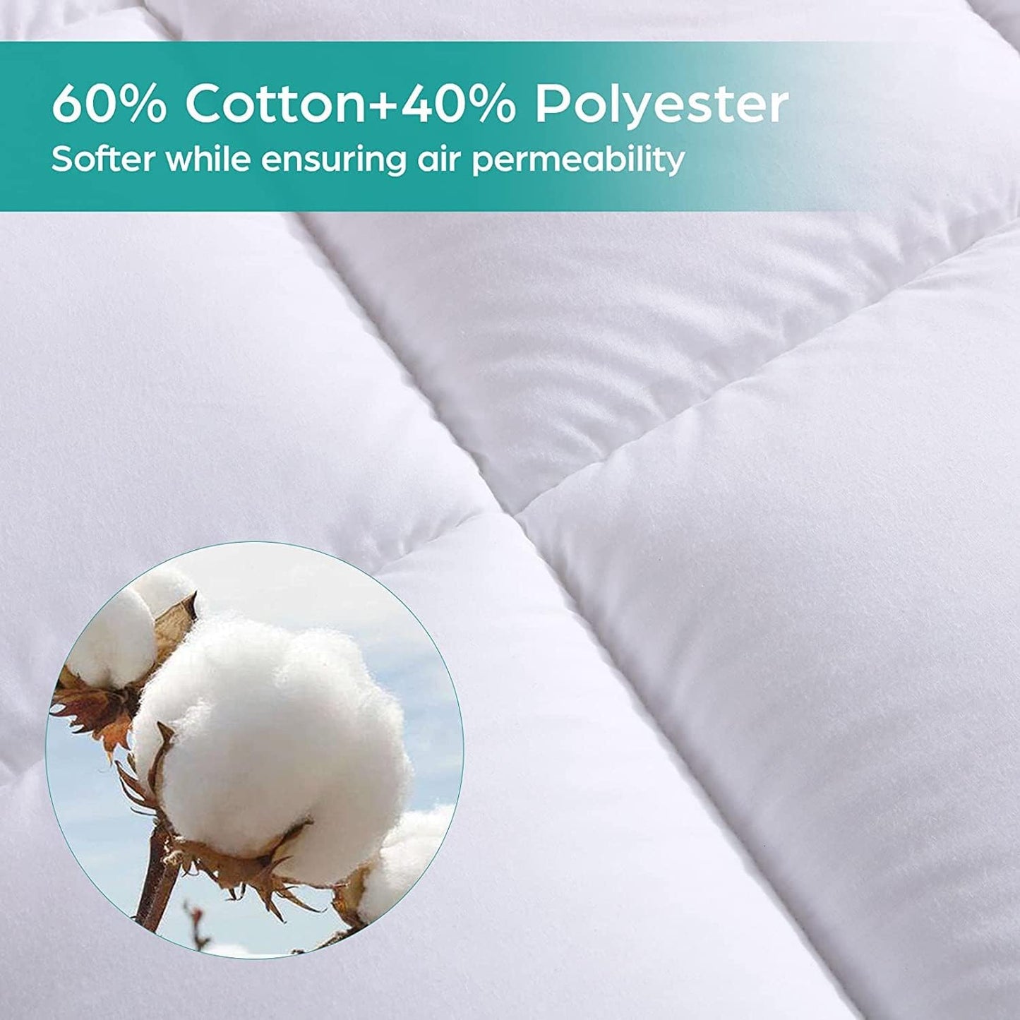 WhatsBedding Waterproof Mattress Topper Queen Size Cotton Top Down Alternative Filling Pillowtop Mattress Topper Cover-Fitted Quilted